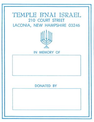 Bookplate in Memory of memorial and donation template for temple b'nai israel with address and symbolic menorah illustration.