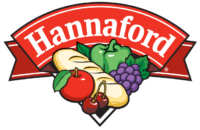 A red and white logo with some food on it