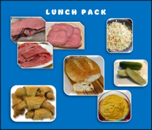 A blue lunch pack with different foods on it.
