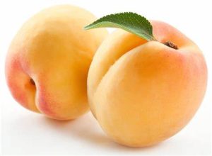 Two peaches are sitting next to each other.