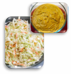 A bowl of coleslaw and a bowl of mustard.